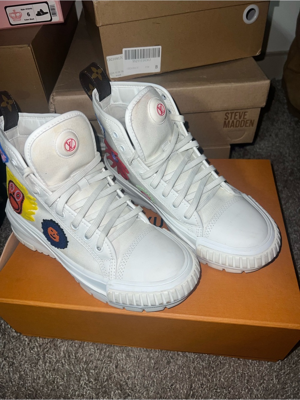 Louis Vuitton White High-Top Sneakers with Multicolor Patch Accents